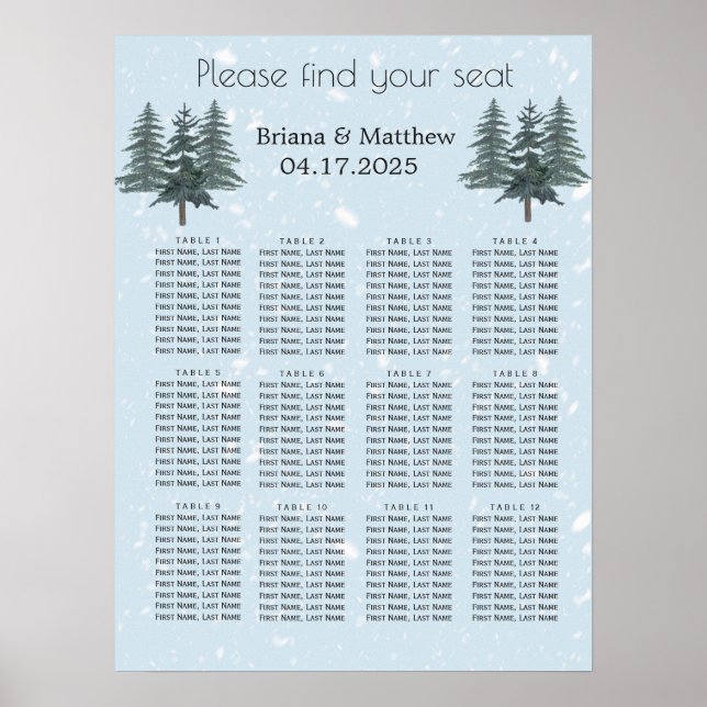 Rustic Evergreen Winter Pine Wedding Seating Chart (Front)