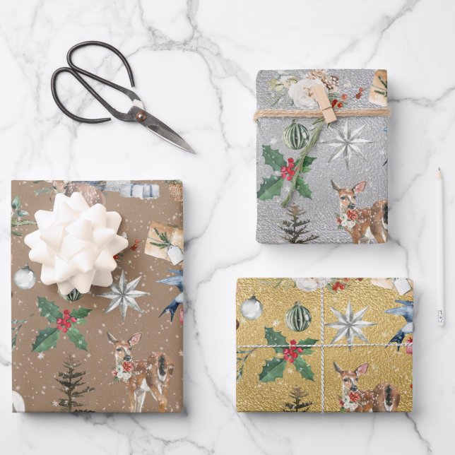 Rustic Everything Christmas Kraft Gold & Silver Wrapping Paper Sheets (Front)