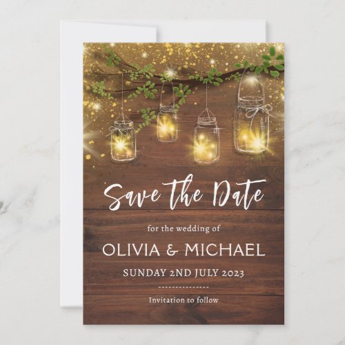 Rustic fairy lights save the dates mason jars invitation