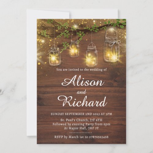 Rustic fairy lights wedding invitation mason jar  invitation