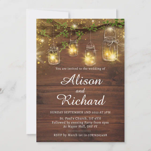 Rustic fairy lights wedding invitation, mason jar invitation | Zazzle