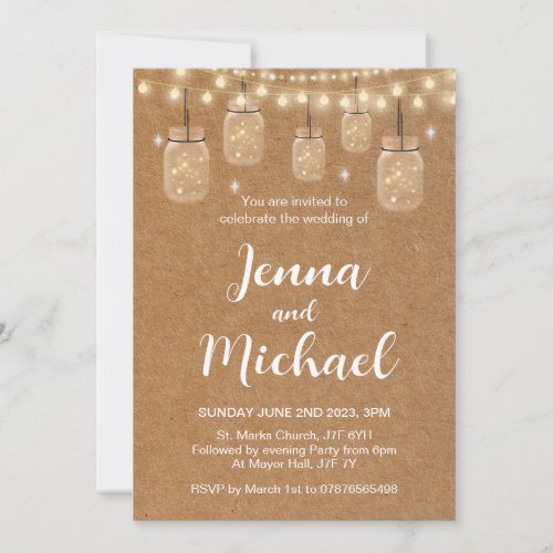 Rustic fairy lights wedding invitation mason jar invitation