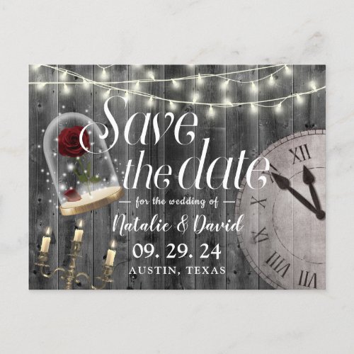 Rustic Fairy Tale Wedding Barn Wood Save the Date Announcement Postcard