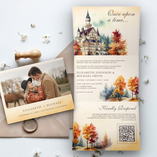 Rustic Fairytale Castle QR Code Story Book Wedding Tri_Fold Invitation