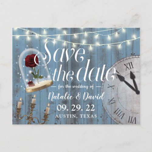 Rustic Fairytale Wedding Dusty Blue Save the Date Announcement Postcard