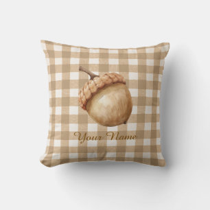 Rustic Fall Acorn Brown Gingham Personalized Throw Pillow