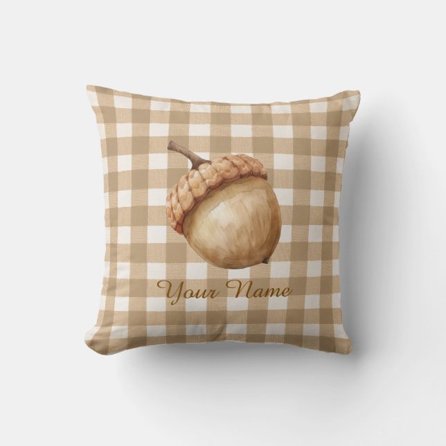 Rustic Fall Acorn Brown Gingham Personalized  Throw Pillow (Front)