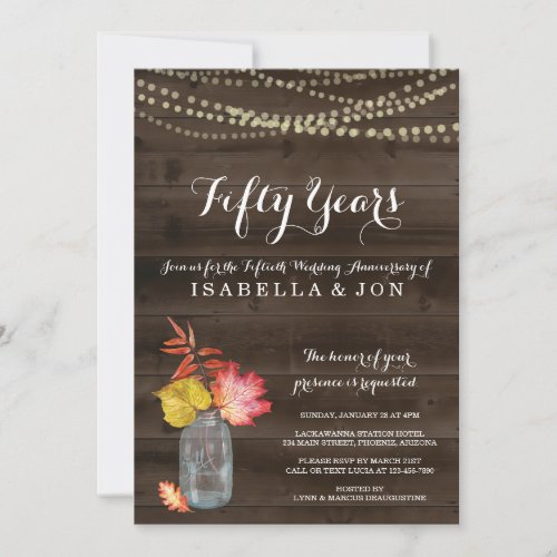 Rustic Fall Anniversary Party Invitation - Fall in love. . . .  Hand drawn Watercolor fall leaves and mason jar complement the season beautifully.