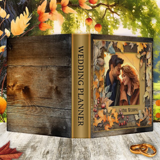 Rustic Fall Artistic Photo Wedding Binder (Wedding binder with your own photo on an illustration of colorful fall leaves and rustic wood)