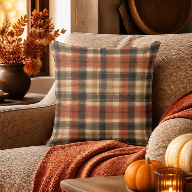 Rustic Fall Autumn Classic Plaid Rust Cream Black Throw Pillow (Creator Uploaded)