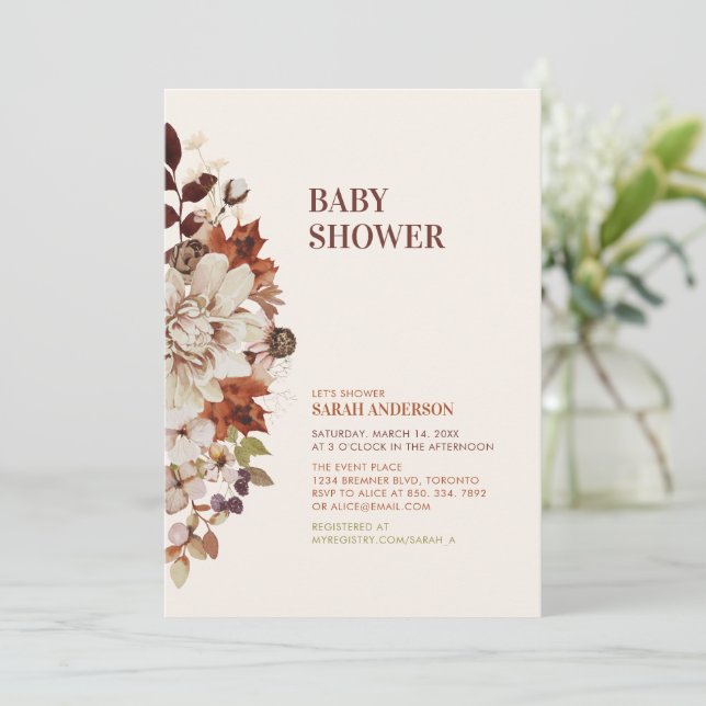 Rustic Fall Autumn Floral Baby Shower Invitation (Standing Front)