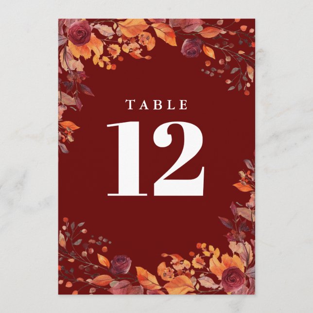 Rustic Fall Autumn Floral Burgundy Table Number (Front)