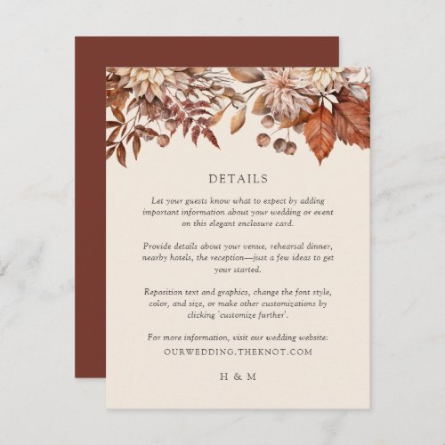 Rustic Fall Autumn Floral Foliage Wedding Details Enclosure Card