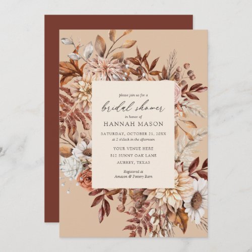 Rustic Fall Autumn Floral Leaves Bridal Shower Invitation