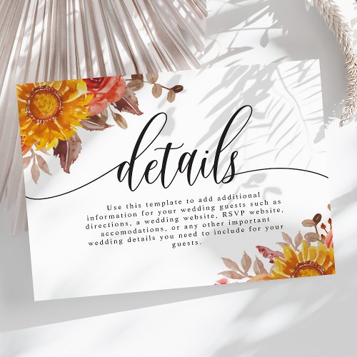 Rustic Fall Autumn Floral Wedding Details Enclosure Card