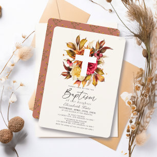 Rustic Fall Autumn Floral White Cross Baptism Invitation