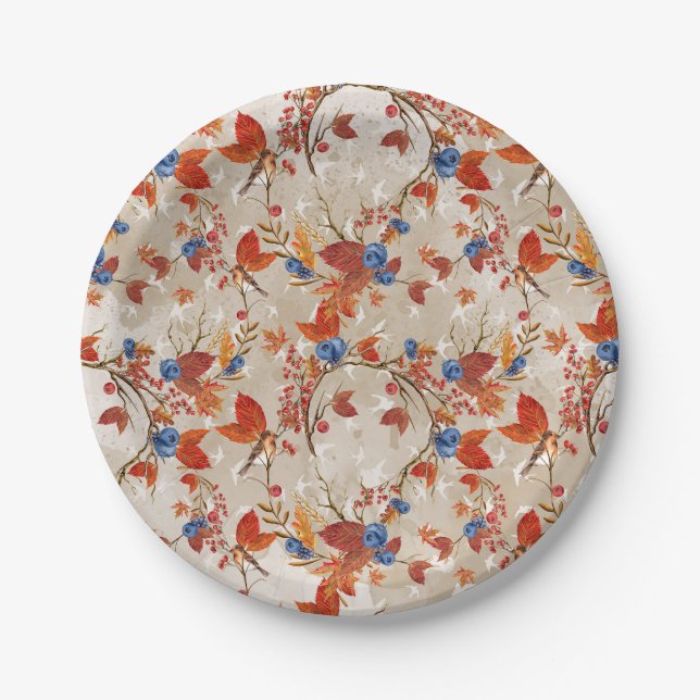 Rustic Fall Autumn Flower Floral Pattern Paper Plates (Front)