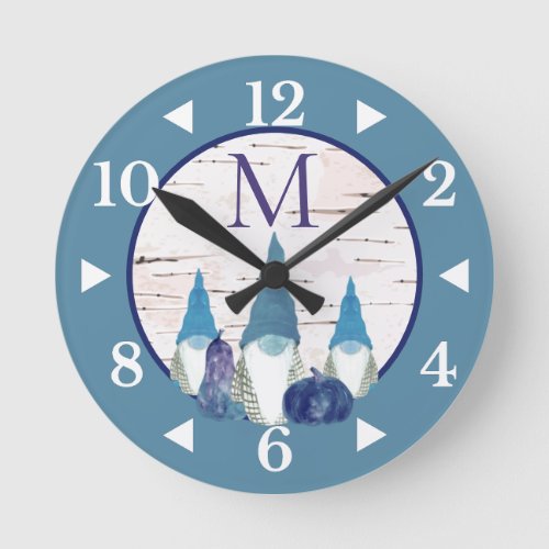 Rustic Fall Autumn Gnome Dusty Blue pumpkins Round Clock