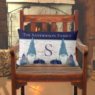 Rustic Fall Autumn Gnome Navy Dusty Blue pumpkins Lumbar Pillow