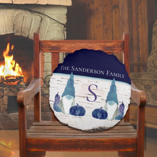 Rustic Fall Autumn Gnome Navy Dusty Blue pumpkins Round Pillow