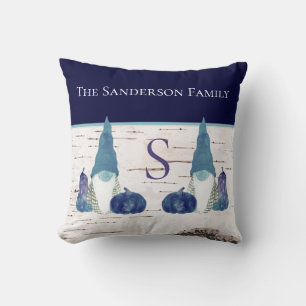 Rustic Fall Autumn Gnome Navy Dusty Blue pumpkins Throw Pillow
