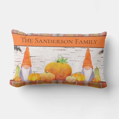Rustic Fall Autumn Gnome orange plaid with pumpkin Lumbar Pillow