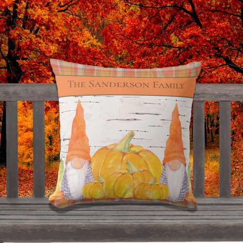Rustic Fall Autumn Gnome orange plaid with pumpkin Outdoor Pillow