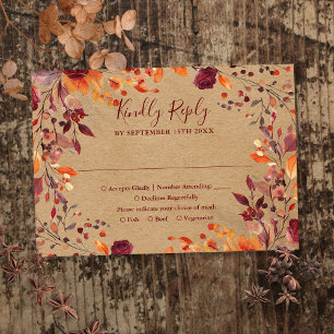 Rustic Fall Autumn Leaves Floral Wedding RSVP Card