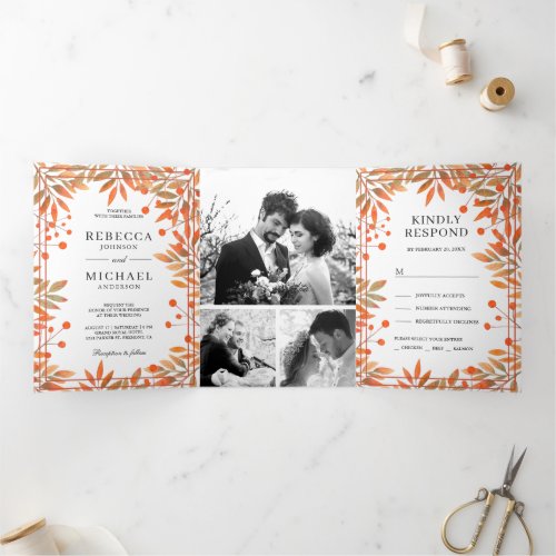 Rustic Fall Autumn Leaves Photo Collage Wedding Tri_Fold Invitation