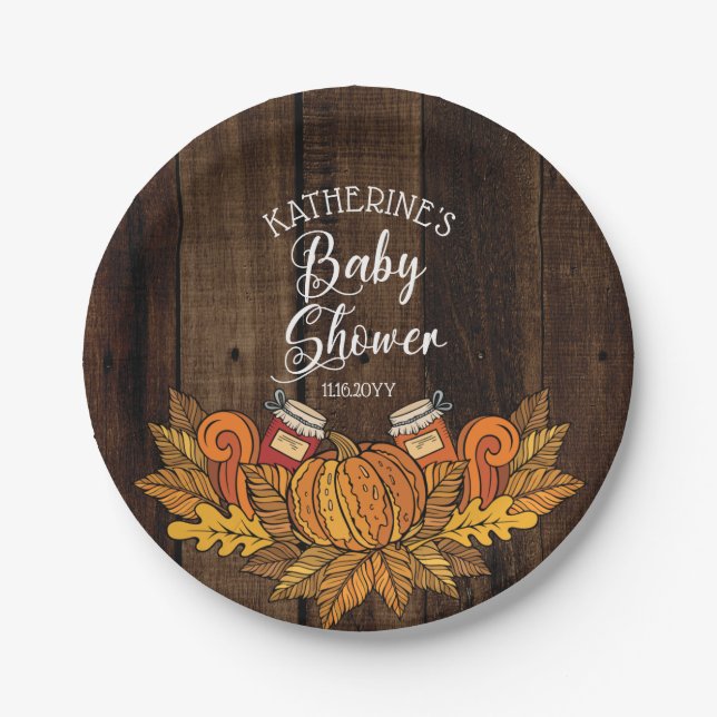 Rustic Fall | Autumn Pumpkin |Leaves Baby Shower Paper Plates (Front)