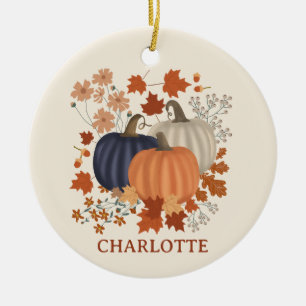 Rustic Fall Autumn Pumpkin Wildflowers Custom Name Ceramic Ornament