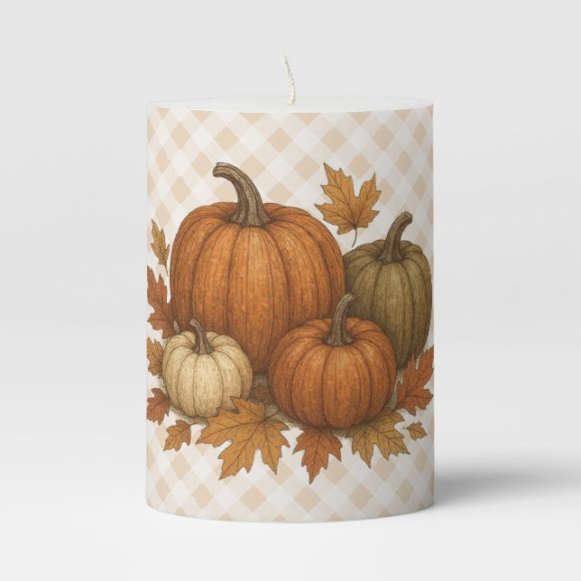 Rustic Fall/Autumn pumpkins & leaves Pillar Candle (Front)
