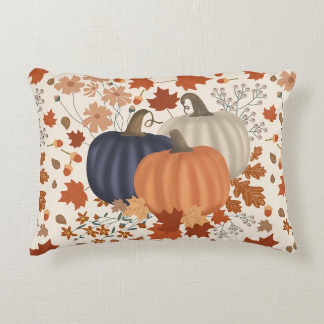 Rustic Fall Autumn Pumpkins Wildflowers Leaves Accent Pillow (Front)