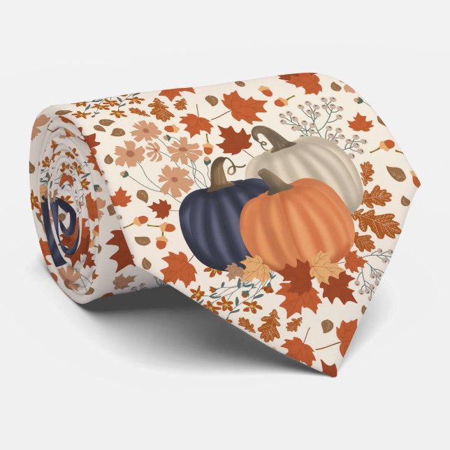Rustic Fall Autumn Pumpkins Wildflowers Leaves Neck Tie (Rolled)