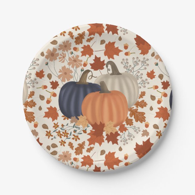 Rustic Fall Autumn Pumpkins Wildflowers Leaves Paper Plates (Front)