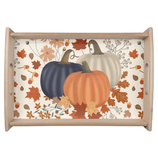 Rustic Fall Autumn Pumpkins Wildflowers Leaves Serving Tray (Front)
