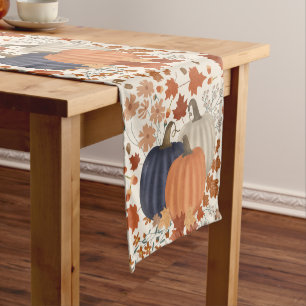 Rustic Fall Autumn Pumpkins Wildflowers Leaves Short Table Runner