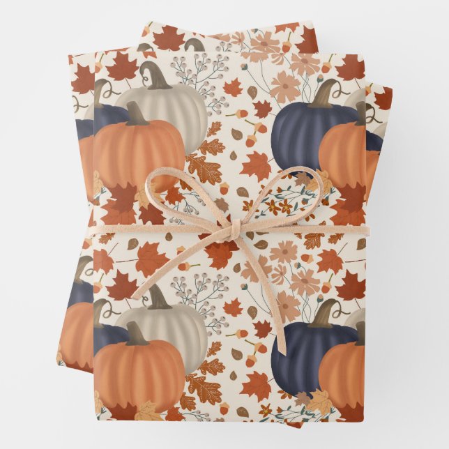 Rustic Fall Autumn Pumpkins Wildflowers Leaves Wrapping Paper Sheets (In situ)