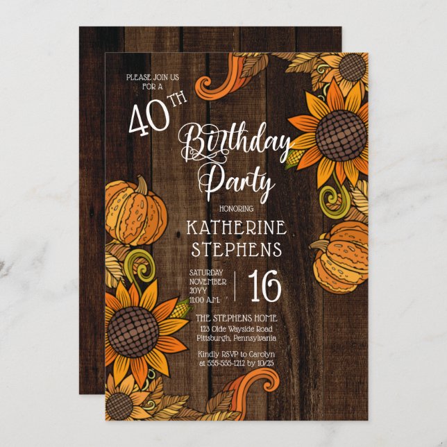 Rustic Fall |Autumn Sunflowers 40th Birthday Party Invitation (Front/Back)