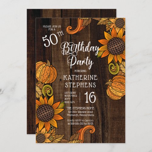 Rustic Fall Autumn Sunflowers 50th Birthday Party Invitation
