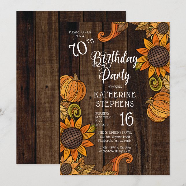 Rustic Fall |Autumn Sunflowers 70th Birthday Party Invitation (Front/Back)