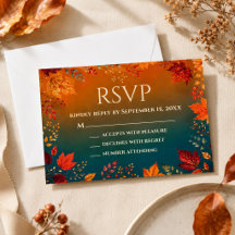 Rustic Fall Autumn Teal and Orange Leaves RSVP