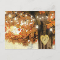 Rustic Fall Autumn Tree Twinkle Light Wedding RSVP Invitation Postcard