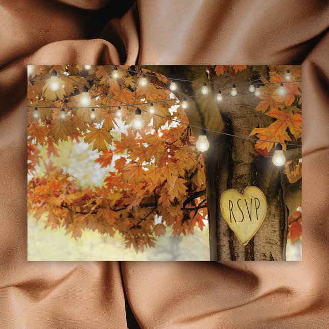 Rustic Fall Autumn Tree Twinkle Light Wedding RSVP Invitation Postcard (Creator Uploaded)