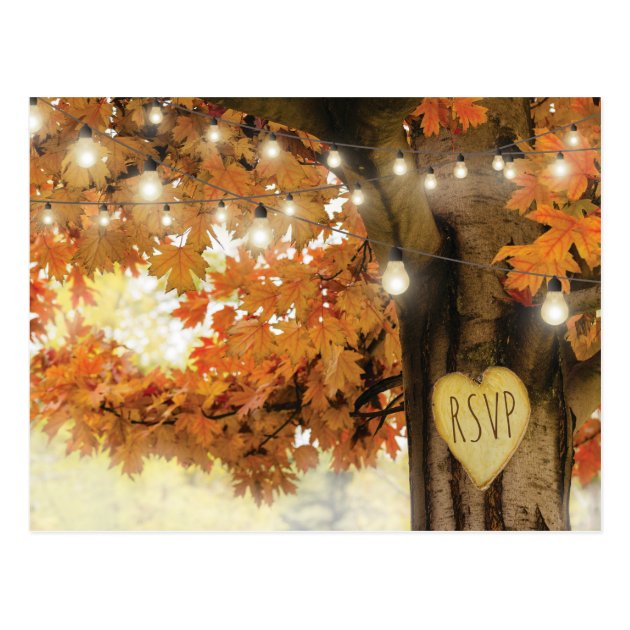 Rustic Fall Autumn Tree Twinkle Light Wedding RSVP Postcard