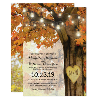 Rustic Fall Autumn Tree Twinkle Lights Wedding Card