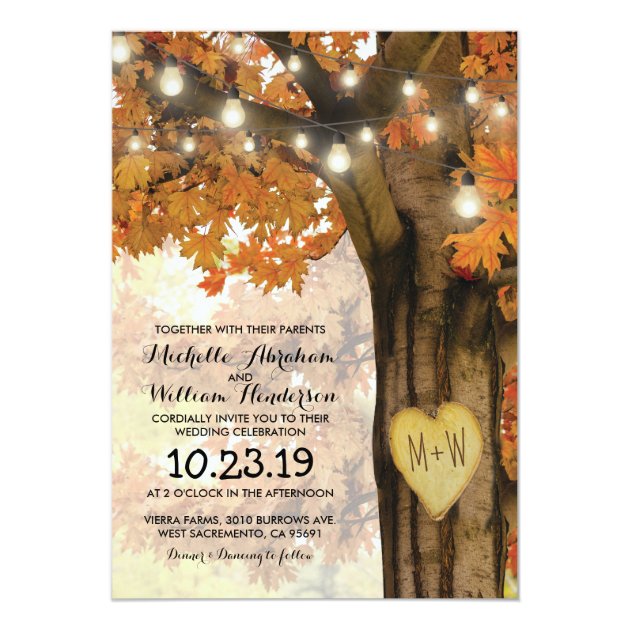 Rustic Fall Autumn Tree Twinkle Lights Wedding Invitation