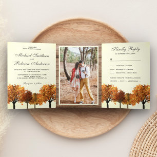 Rustic Fall Autumn Trees Forest Wedding Photo Tri-Fold Invitation