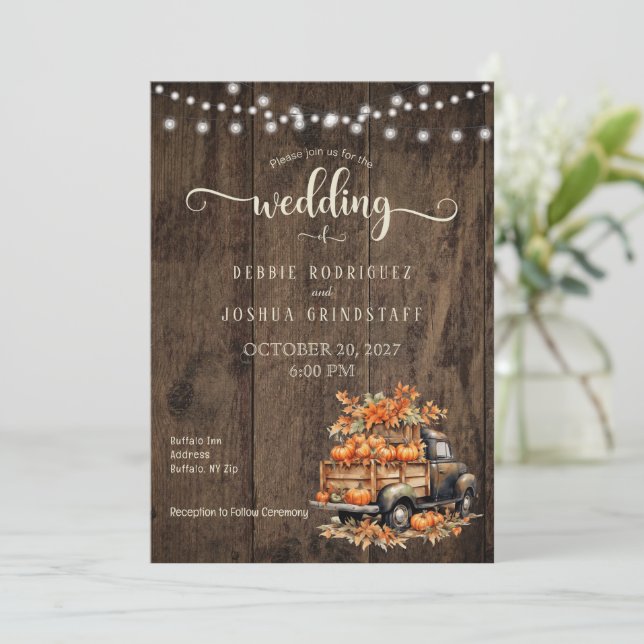 Rustic Fall Autumn Truck Wedding Invitation (Standing Front)