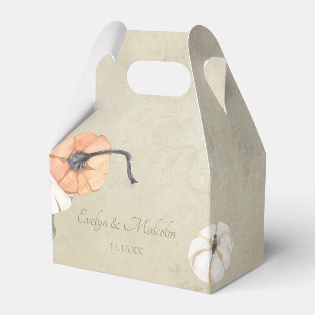 Rustic Fall Autumn White, Orange Pumpkins Wedding Favor Boxes (Front Side)